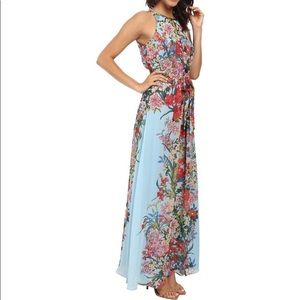 Adrianna Papell Blue Floral Maxi Chiffon Formal Dress Embellished Neck-Line